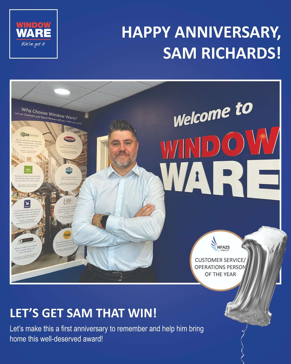 Window Ware (@windowware) on Twitter photo Happy 1 year Sam Richards, our Head of Customer Ops! 🥳 He's also an NFA25 Customer Service Person of the Year finalist! What an impact in 12 months. Help us get Sam that win! Please cast your vote via the NFA25 website! <a href="/NatFenAwards/">National Fenestration Awards</a> #NFA25 #CustomerService #WindowWare Happy 1 year Sam Richards, our Head of Customer Ops! 🥳 He's also an NFA25 Customer Service Person of the Year finalist! What an impact in 12 months. Help us get Sam that win! Please cast your vote via the NFA25 website! <a href="/NatFenAwards/">National Fenestration Awards</a> #NFA25 #CustomerService #WindowWare