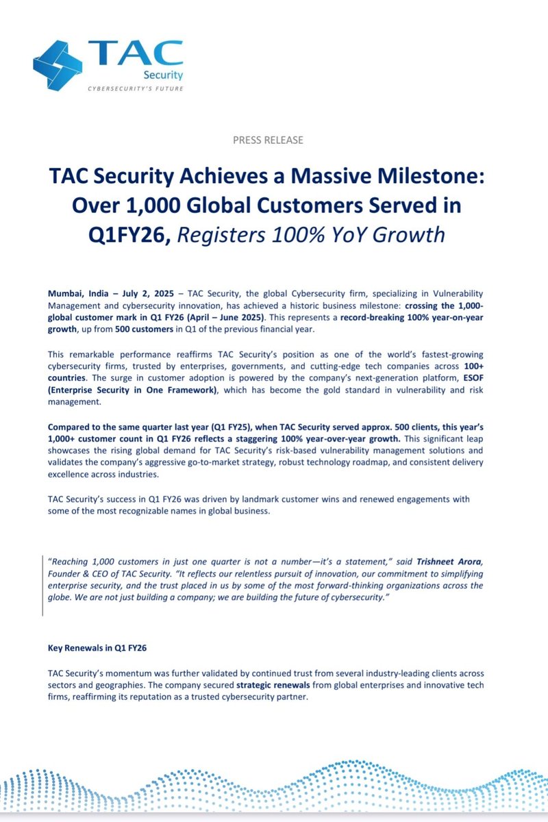 fintalk_india's tweet image. 🚀 TAC Security hits a massive milestone in Q1 FY26: ✅ 1,000+ global customers served.

📈 100% YoY growth (from 500 in Q1 FY25)

🌍 Clients across 100+ countries.

Cybersecurity’s future is here. 🔐

#CyberSecurity #Growth #TACSecurity #TechNews