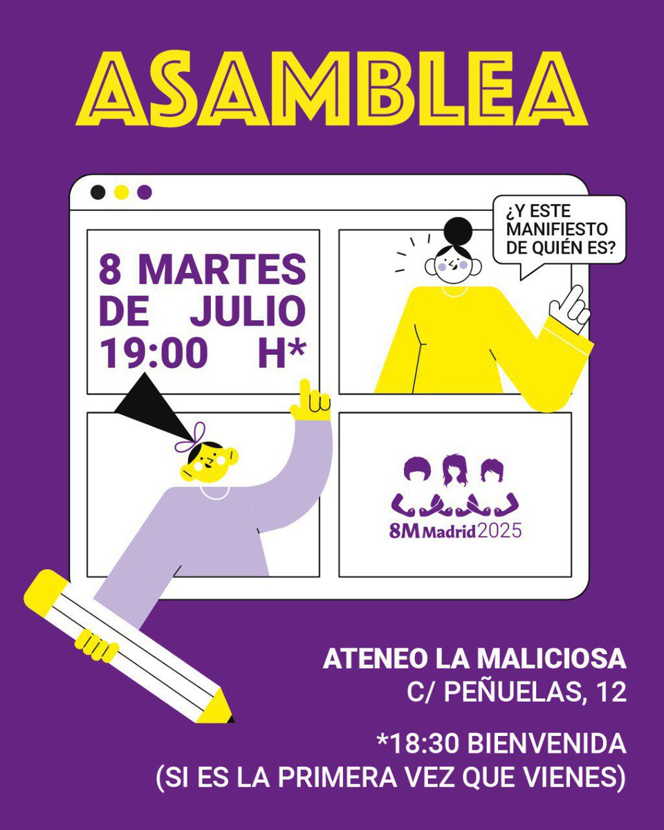 🌈✊🏽 El martes 8 de julio a las 19h (18:30 si es tu primera vez), volvemos a pensar colectivamente en el Ateneo la Maliciosa (C/ Peñuelas, 12).

Asamblea temática (y fresquita): 📋 Comentario de texto “¿Y este manifiesto de quién es?”. ¡Te esperamos! 💜