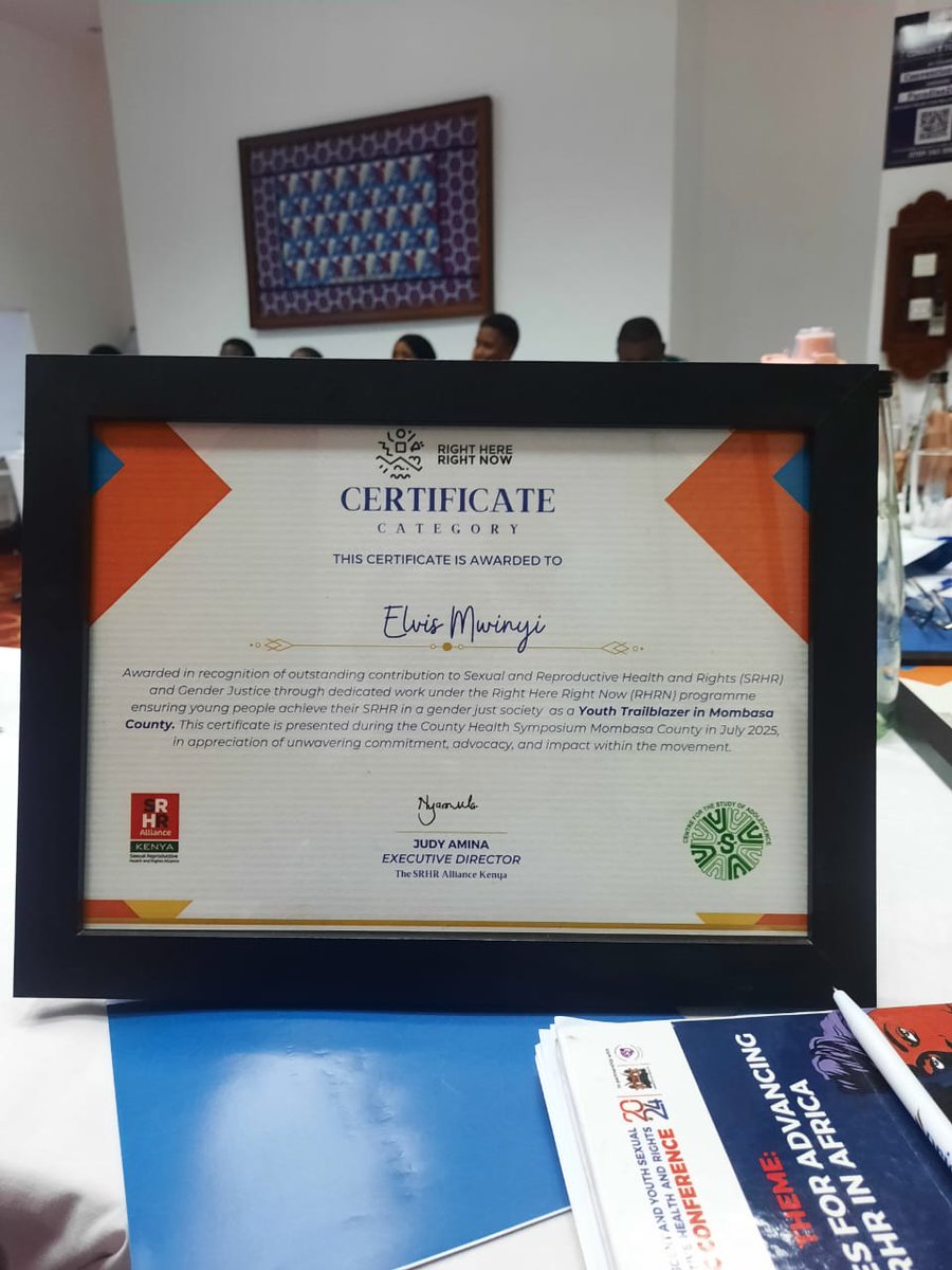 Impact 4 Youth Kenya (@i4y_kenya) on Twitter photo Earlier this week, our team leader, <a href="/elvis_mwinyi/">Elvis Mwinyi</a>, was proud to receive the Youth Trailblazer Award in recognition of his exceptional efforts in advancing sexual and reproductive health and rights, as well as gender justice, through his committed work with the <a href="/RHRNKenya/">Right here Right now Ke</a>. Earlier this week, our team leader, <a href="/elvis_mwinyi/">Elvis Mwinyi</a>, was proud to receive the Youth Trailblazer Award in recognition of his exceptional efforts in advancing sexual and reproductive health and rights, as well as gender justice, through his committed work with the <a href="/RHRNKenya/">Right here Right now Ke</a>.