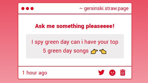 gerxinski's tweet image. oh thats a tough one but sure !
here's my top 5
hm: Still Breathing
21 guns
Take the Money and Crawl
Kill the DJ
Stray Heart
Say Goodbye