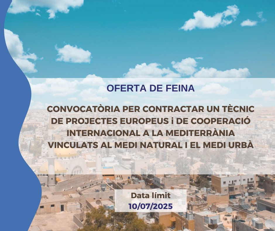 🧐Vols formar part del nostre equip? 🌊Busquem un perfil per portar projectes europeus i de cooperació internacional al #Mediterrani amb el focus posat en el medi natural i #urbà. 
Aquí tens més informació de la convocatòria
ℹ️ shorturl.at/VQufa
Oberta fins 🗓️10 de juliol
