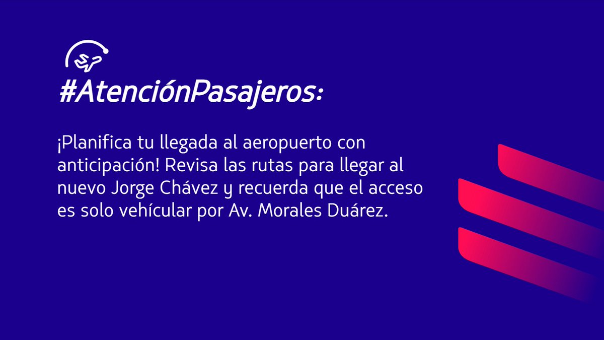 #AtenciónPasajeros: El nuevo Jorge Chávez solo cuenta con ingreso vehicular por Av. Morales Duárez, mediante autos particulares o transportes oficiales.🚗 Encuentra la ruta para llegar en Waze o Google Maps como Nuevo Aeropuerto Internacional Jorge Chávez. ¡Nos vemos a bordo! ✈️