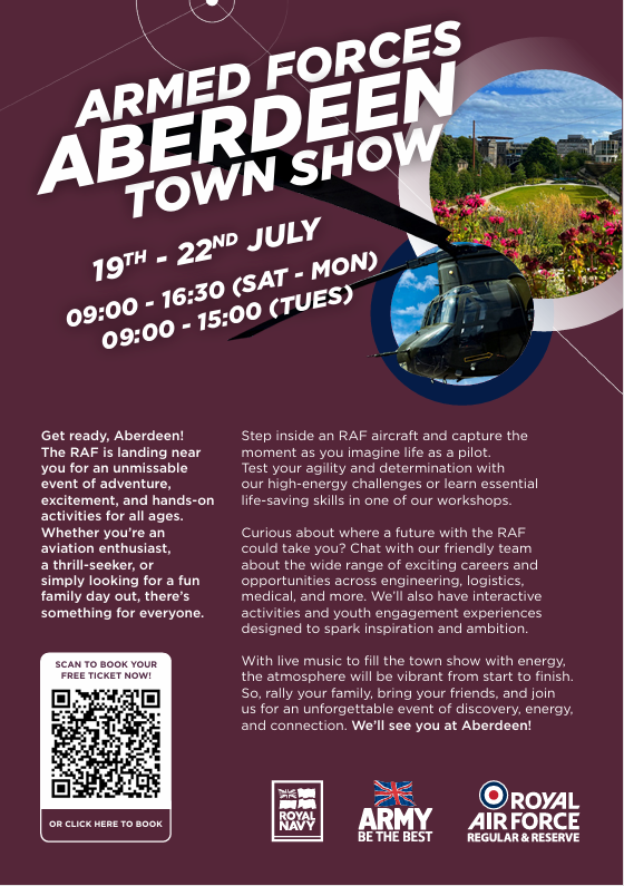 ✈️ ARMED FORCES ABERDEEN TOWN SHOW ✈️
Curious about where a future with the RAF could take you? 
Step inside an RAF aircraft, learn life saving skills, take part in interactive activities &amp; workshops alongside live music. #raf #townshow