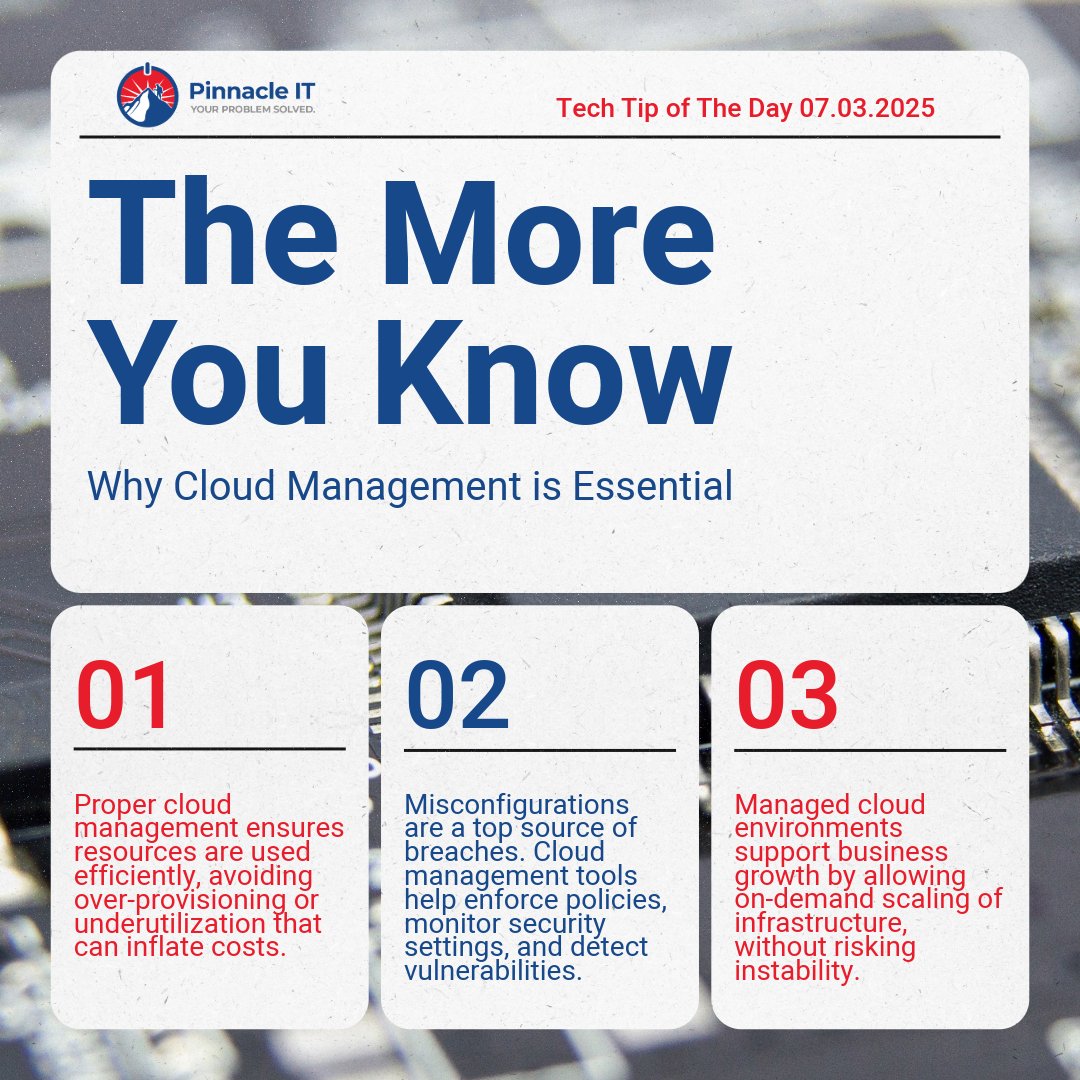 MyPinnacleIT's tweet photo. Cloud management is essential because it ensures that a company's cloud resources are secure, cost-effective, and aligned with business goals. 

https://t.co/zND8a3UzEo
#itservices #cloudcomputing #BusinessGoals #pinnacleit https://t.co/AVaHgPrjHH