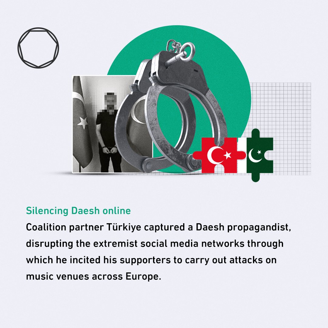 coalition's tweet image. Coalition partner Türkiye, in conjunction with Pakistani intelligence, captured a high-ranking member of Daesh's Afghanistan branch, disrupting the group's propaganda efforts.