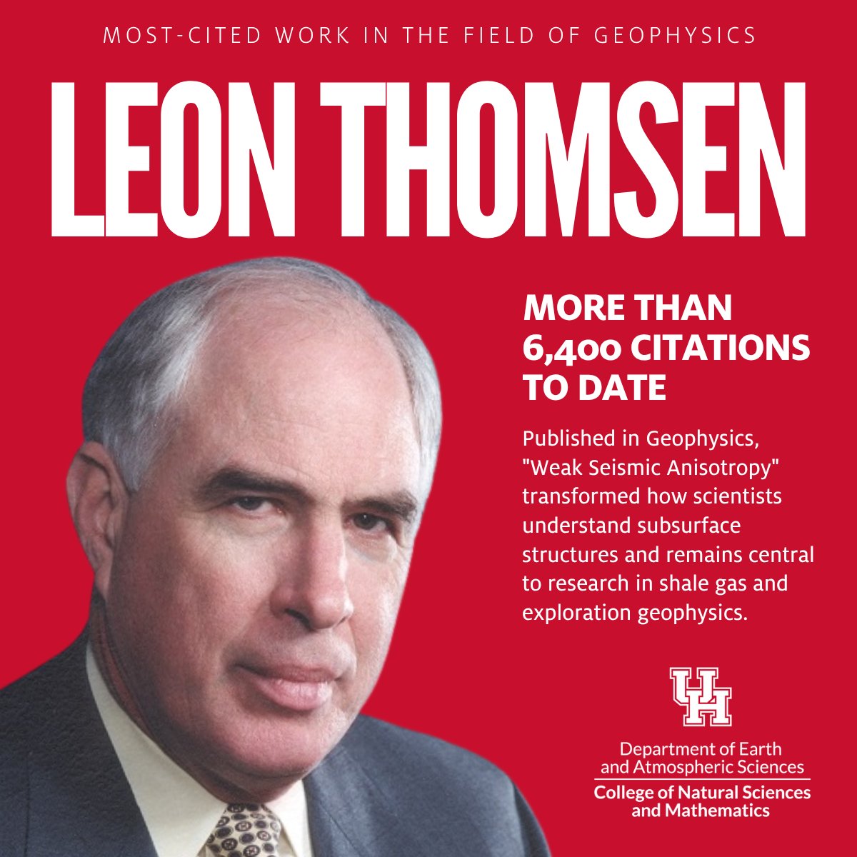 A 1986 paper by UH geophysicist Leon Thomsen is now the most-cited in geophysics history—6,435+ citations and counting.

"Leon’s paper is a milestone," said UH's Yingcai Zheng. "It's like F=ma for physicists."

📖 Learn more: bit.ly/4nshhkx  
 #Geophysics #UHResearch