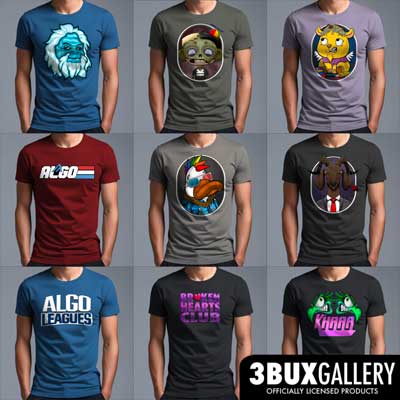 Exclusive merch from #Algorand projects available at 3buxgallery.com
Join <a href="/AlGoatsPFP/">AlGoats.algo</a>
<a href="/PlattyNFT/">Platty.algo</a>
<a href="/AlgoYeti/">AlgoYeti.algo</a>
@WompCrew
<a href="/AlgoLeagues/">AlgoLeagues.Algo</a>
+more
Creators and holders* earn Royalties on each sale!

❤️ &amp; ♻️ 🙏