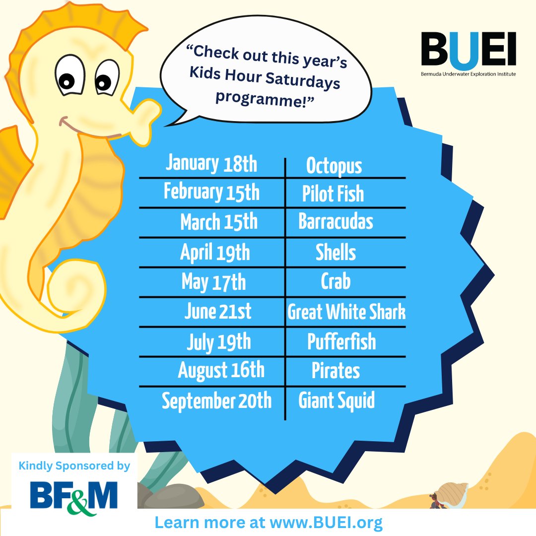 🐠🌿 Let’s explore life under the waves! Join us every third Saturday at 11 AM and 2 PM for hands-on ocean fun. 🌊🌎 

This Month’s Theme is... Pufferfish 🐡 

#MarineMagic #PlayAndLearn #KidsHour #Bermuda #BUEI