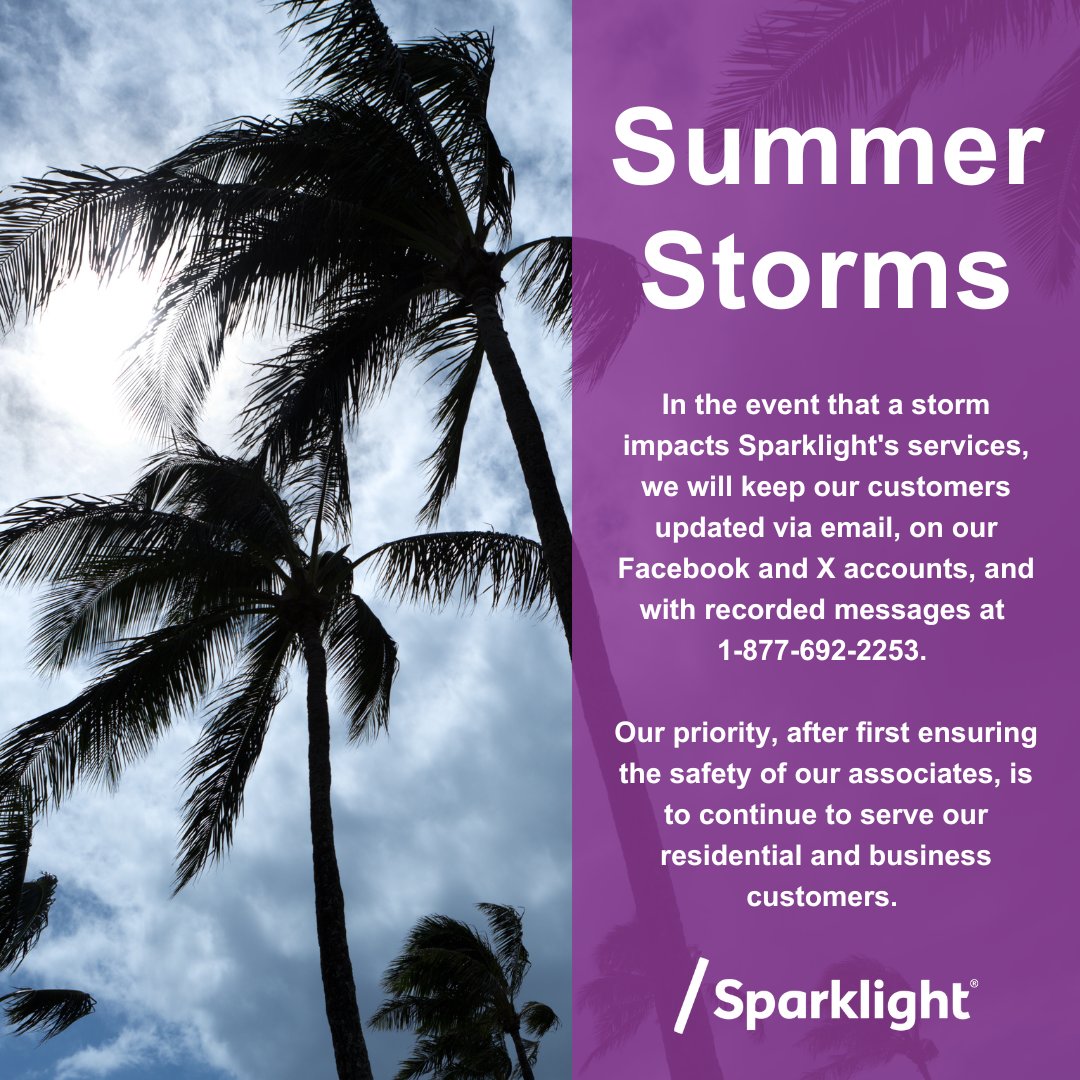 sparklightcares's tweet image. Storms happen. If your WiFi goes out, don’t stress—we’ll keep you posted here, by email, and at 1-877-692-2253.
Most important? Stay safe and follow local alerts. We’ll take care of the rest. ⛈️💙
#StormSeason #Sparklight