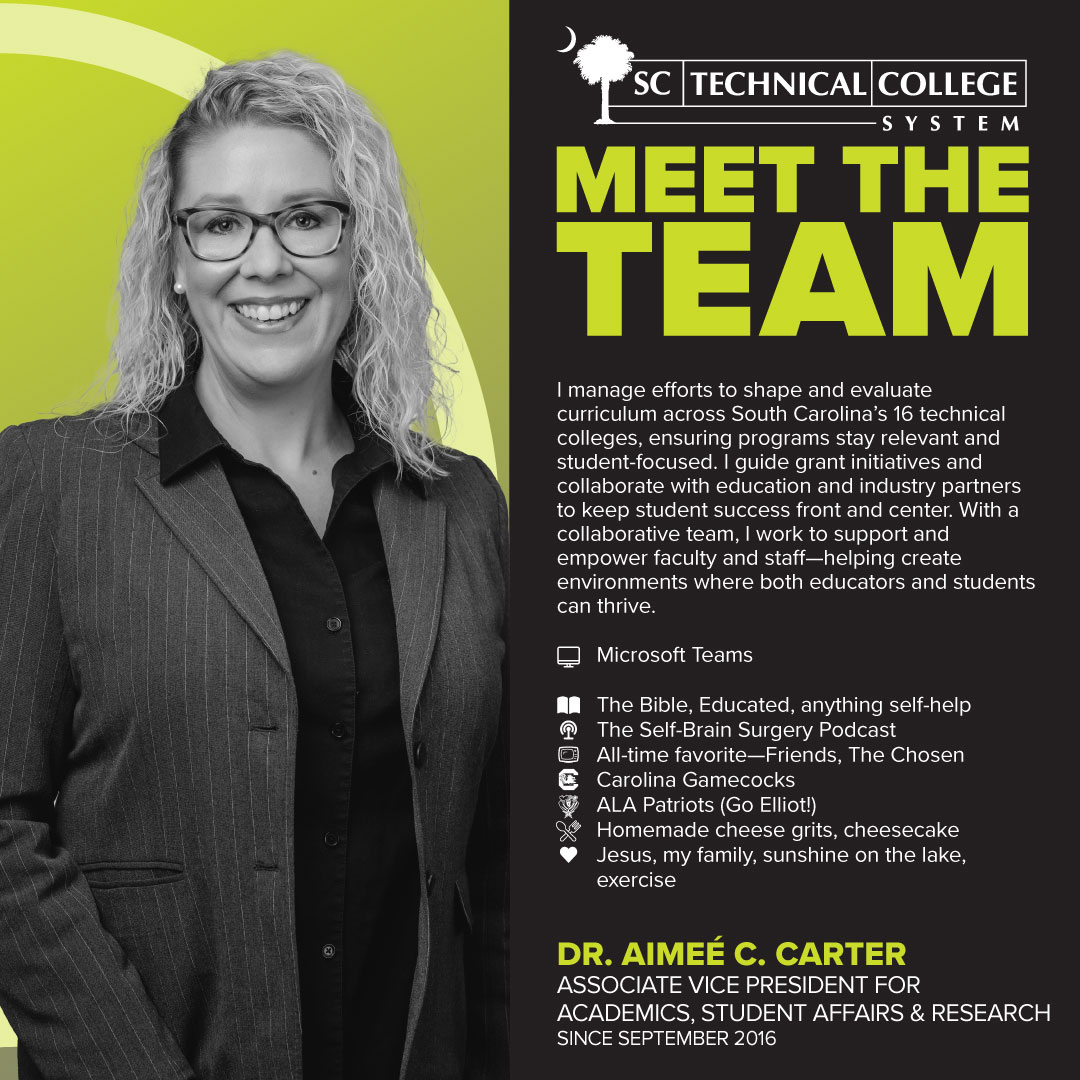 It’s our people who set us apart. Meet the talented team ensuring affordable, accessible, and relevant career and technical education for all South Carolinians!

Presenting Associate VP for Academics, Student Affairs &amp; Research, Dr. Aimeé Carter.

#MeetTheTeam