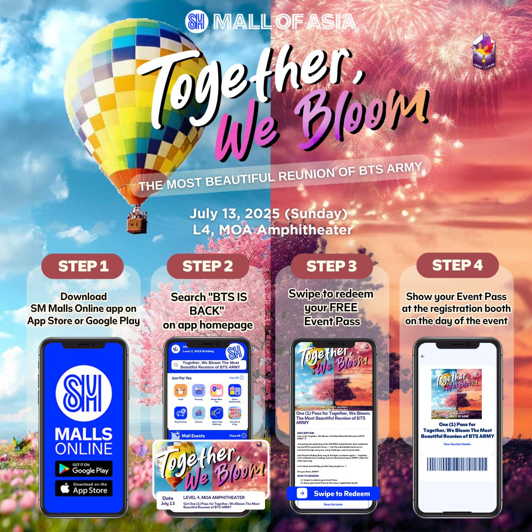 army_cavite's tweet photo. In celebration of our long-awaited BTS 💜 ARMY reunion, ARMY Cavite Fanbase & @TheMallofAsia proudly brings you:

🌸TOGETHER, WE BLOOM: THE MOST BEAUTIFUL REUNION OF BTS ARMY🌸

July 13, 2025 | SM MOA Amphitheater

This July, ACF and MOA is bringing you this year’s grandest ARMY celebration — a touching fan gathering that honors not just BTS’s powerful return, but also the unbreakable bond we’ve nurtured through every era, every challenge, and every triumph

Register here: https://t.co/Lue8d63Cy8

✨ What to expect:
Get ready for a full day of meaningful activities, emotional highlights, and exciting surprises — with massive raffle prizes from our sponsors, games, stage performances, concert-viewing, and more!

🌸 Let’s bloom beautifully like flowers finding their way to the light, we bloom again — together.

See you at SM MOA Amphitheater, ARMY!

#TheMostBeautifulReunionAtMOA