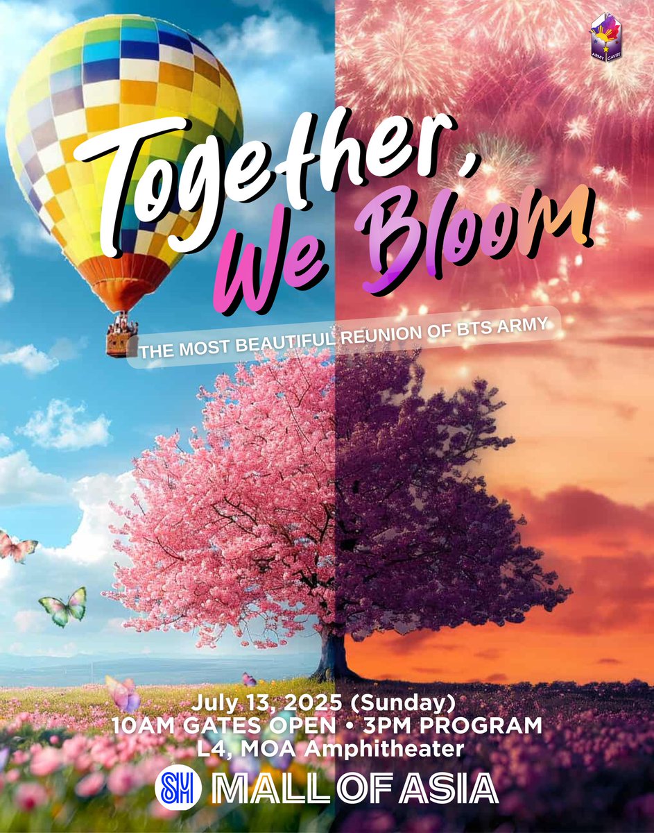 army_cavite's tweet photo. In celebration of our long-awaited BTS 💜 ARMY reunion, ARMY Cavite Fanbase & @TheMallofAsia proudly brings you:

🌸TOGETHER, WE BLOOM: THE MOST BEAUTIFUL REUNION OF BTS ARMY🌸

July 13, 2025 | SM MOA Amphitheater

This July, ACF and MOA is bringing you this year’s grandest ARMY celebration — a touching fan gathering that honors not just BTS’s powerful return, but also the unbreakable bond we’ve nurtured through every era, every challenge, and every triumph

Register here: https://t.co/Lue8d63Cy8

✨ What to expect:
Get ready for a full day of meaningful activities, emotional highlights, and exciting surprises — with massive raffle prizes from our sponsors, games, stage performances, concert-viewing, and more!

🌸 Let’s bloom beautifully like flowers finding their way to the light, we bloom again — together.

See you at SM MOA Amphitheater, ARMY!

#TheMostBeautifulReunionAtMOA