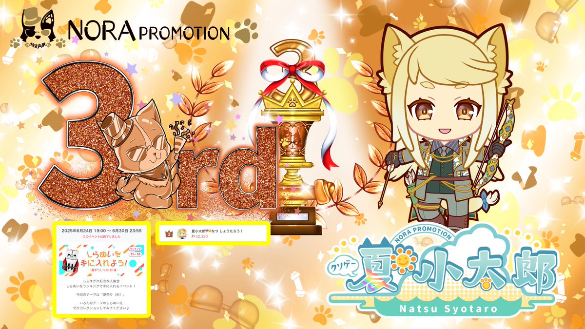 NORA PROMOTION~野良声優~【公式】 (@actornora) on Twitter photo わっふふ~♪
★夏 小太郎★
■しらぬいを手に入れよう!
-夏祭りしらす(赤)編- 3rd!S1~S3帯■
(夏小太郎<a href="/natsu_syotaro21/">🌞夏 小太郎🐶声優チワワライバー@新Live2D</a>がしらぬいイベント
グループ④にて3位に入賞させて頂きましたっ♪
応援頂いた皆様ありがとうございますっ♪
なっつおめでとう~っ♪)
#ノラプロ #野良声優 #クソゲーの夏 わっふふ~♪
★夏 小太郎★
■しらぬいを手に入れよう!
-夏祭りしらす(赤)編- 3rd!S1~S3帯■
(夏小太郎<a href="/natsu_syotaro21/">🌞夏 小太郎🐶声優チワワライバー@新Live2D</a>がしらぬいイベント
グループ④にて3位に入賞させて頂きましたっ♪
応援頂いた皆様ありがとうございますっ♪
なっつおめでとう~っ♪)
#ノラプロ #野良声優 #クソゲーの夏