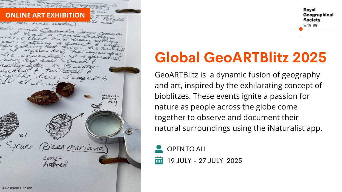 RGS_IBG's tweet image. Imagine a worldwide celebration where art meets science... 🎨🔎🧬
GeoARTBlitz is exactly that! Our RGS Art of Exploration Collective are hosting a movement to communicate and conserve our planet's natural wonders through art.
Learn more 👉 rgs.org/events/upcomin…