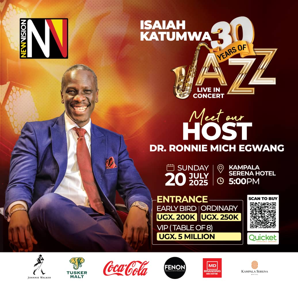 The New Vision (@newvisionwire) on Twitter photo A superstar lineup deserves a legendary host! <a href="/DrMichER/">Dr. Ronnie M Egwang</a> will take the stage at the #30YearsOfUgandanJazz concert on 20th July 2025.
🎟️ Tickets:
• Early Bird: UGX 200K
• Ordinary: UGX 250K
• VIP (Table of 8): UGX 5M A superstar lineup deserves a legendary host! <a href="/DrMichER/">Dr. Ronnie M Egwang</a> will take the stage at the #30YearsOfUgandanJazz concert on 20th July 2025.
🎟️ Tickets:
• Early Bird: UGX 200K
• Ordinary: UGX 250K
• VIP (Table of 8): UGX 5M
