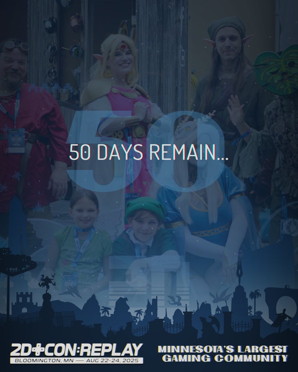 #2DCon is in 50 days! 🎲🎮💙 Tabletop, TCG, Arcade, Console Games, Tournaments, Cosplay, Live Music, Market, Indie Games, and more!