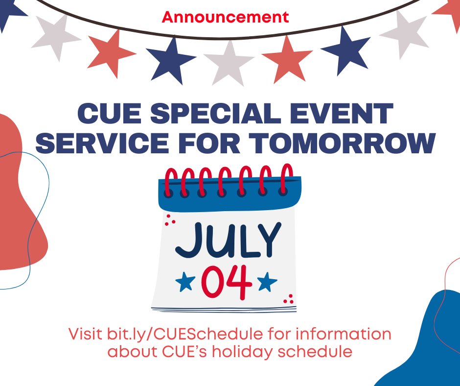 SERVICE ALERT: 

Remember, CUE does not provide regular service on July 4, only shuttle service for Independence Day events! 

Find all holiday schedules here: bit.ly/CUESchedule 
#FFXCityTransportation #CUEBus
<a href="/cityoffairfaxva/">City of Fairfax, VA</a>