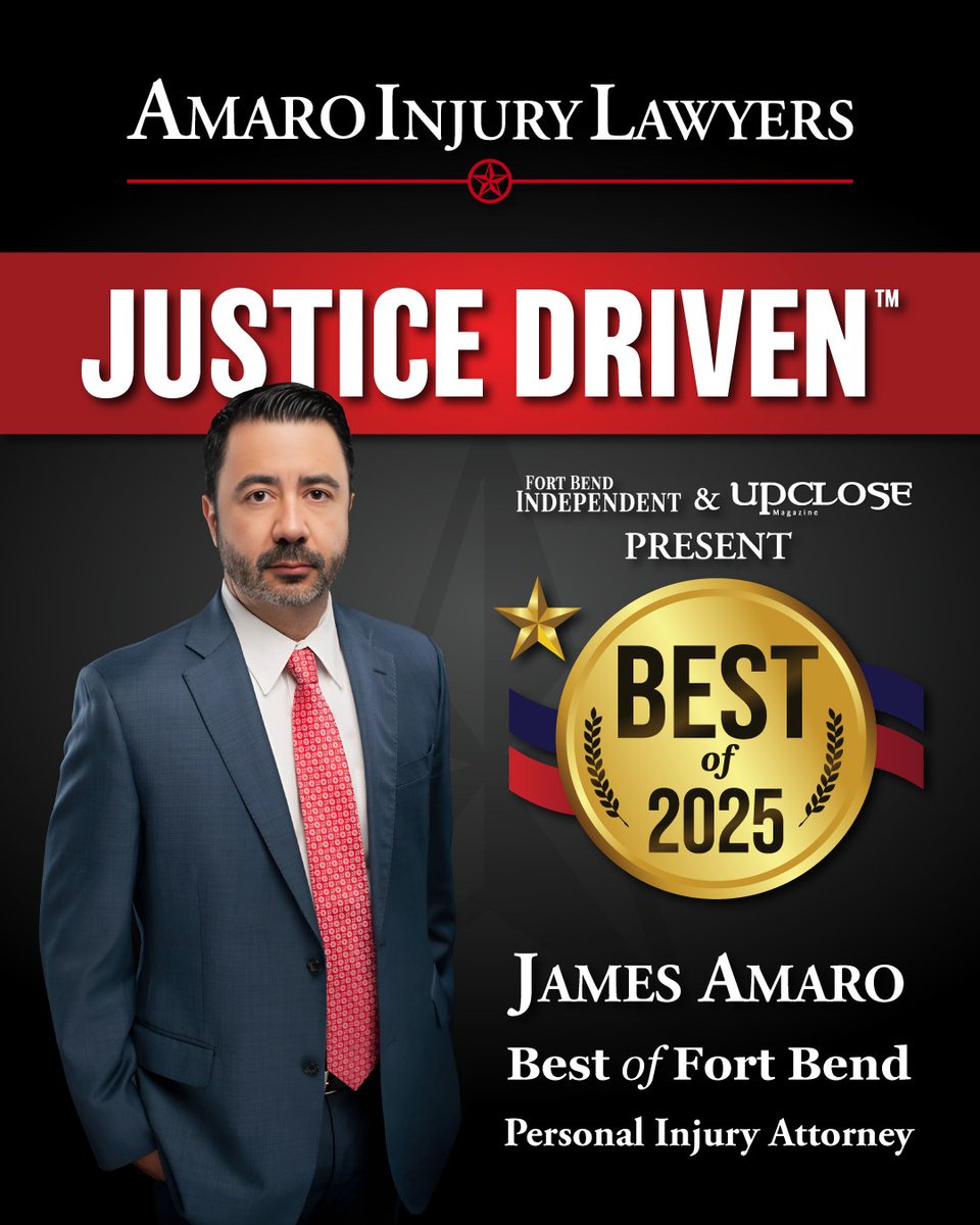 Honored to announce James Amaro, our CEO &amp; Founder, has been voted Best Personal Injury Attorney of 2025 in Fort Bend County! As a Fort Bend native, he consistently gives back, leading with integrity &amp; an unwavering pursuit of justice. 

#BestOfFortBend #PersonalInjury #Community