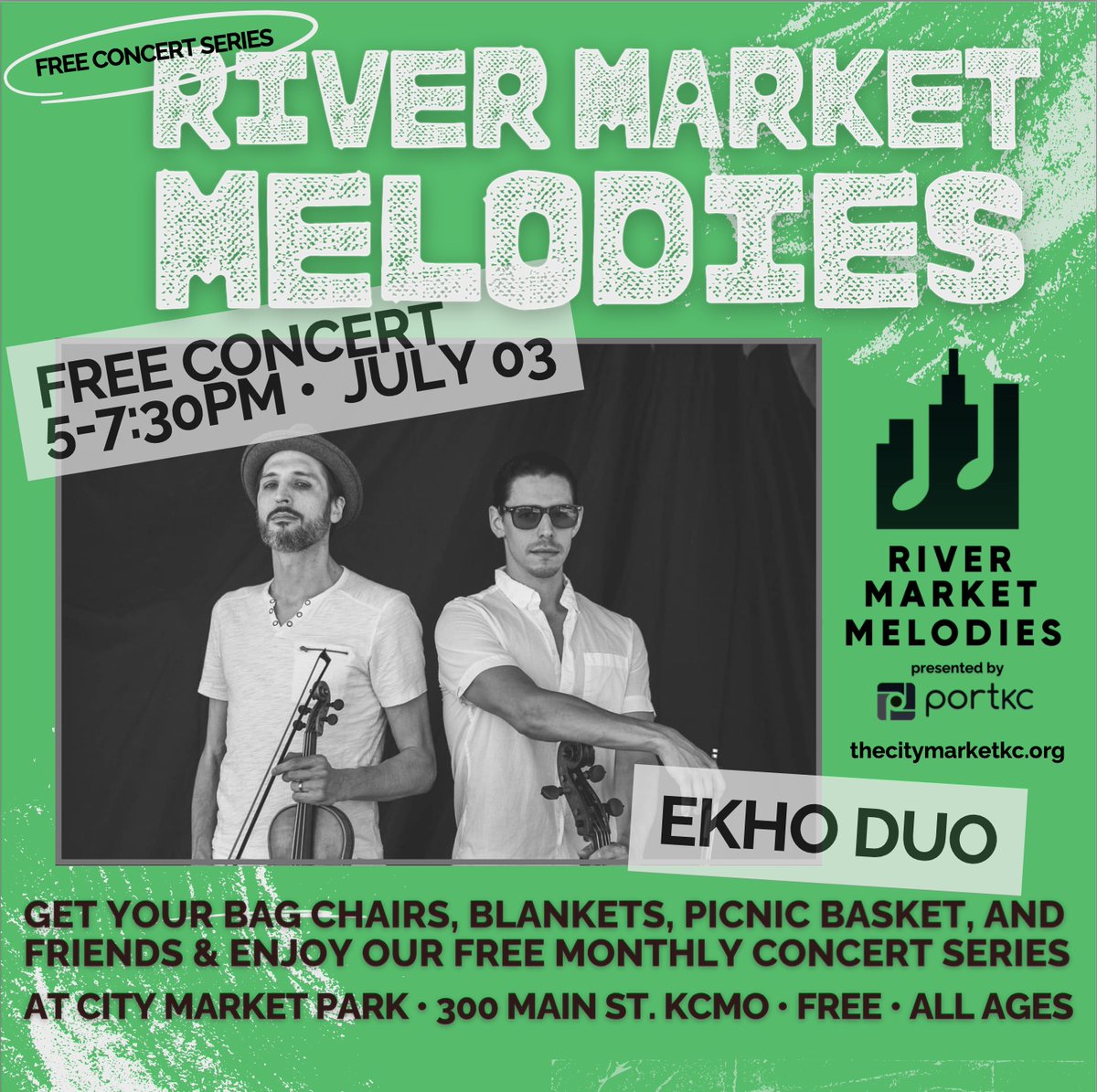 Today is the day for July's River Market Melodies concert!  We look forward to seeing you tonight at City Market Park at 3rd and Main to enjoy the sounds of Ekho Duo.