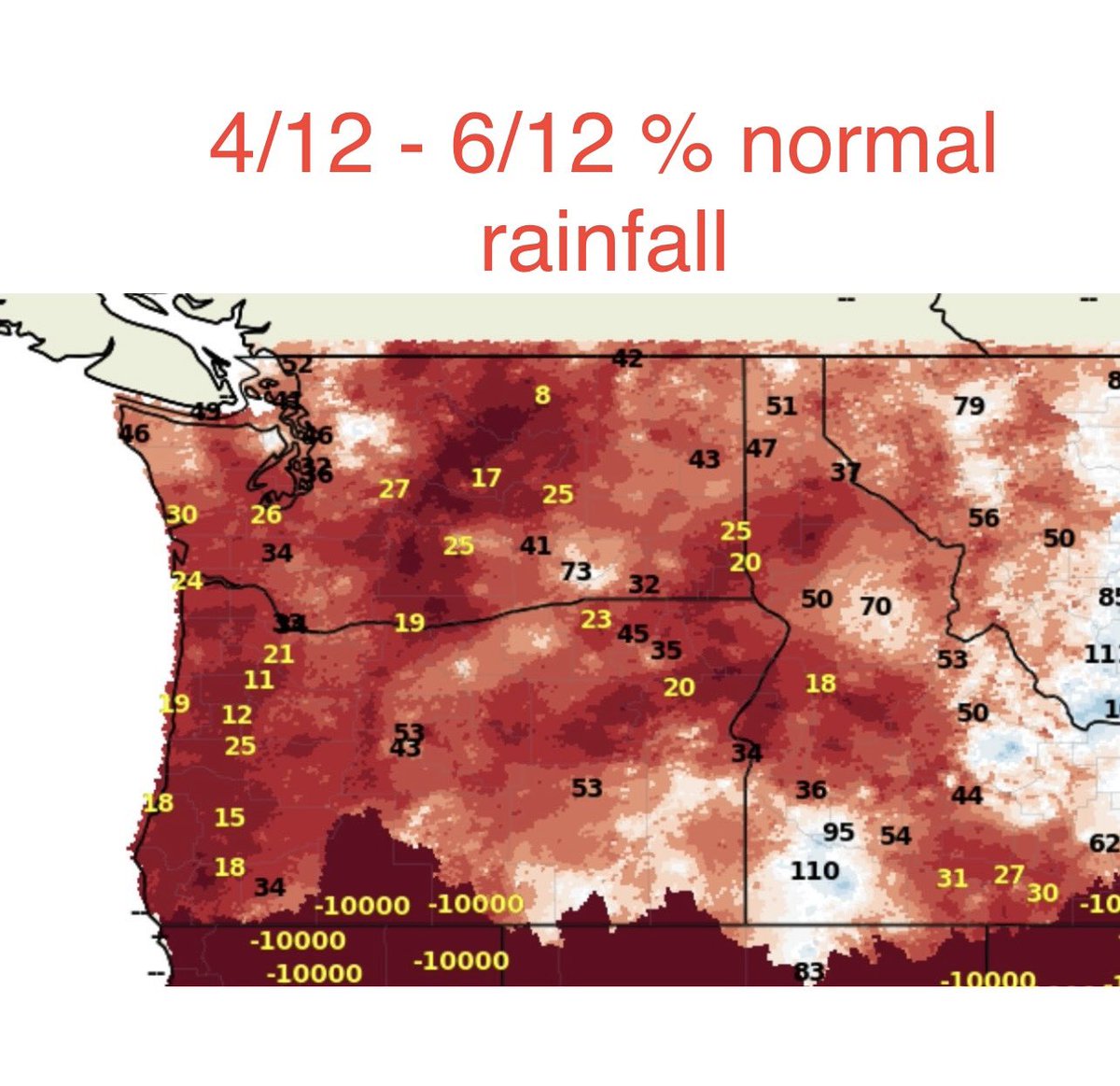 ChrisMRiggers's tweet photo. This is the % normal rainfall in the PNW for the last 80 days. https://t.co/ld8uvhQVY0