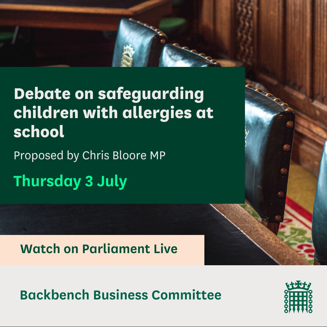 CommonsBBCom's tweet image. In Westminster Hall, MPs are holding a debate on safeguarding children with allergies at school, put forward by @ChrisBloore
📚Read the @commonslibrary debate pack: commonslibrary.parliament.uk/research-brief…
📺Watch on Parliament live: parliamentlive.tv/Event/Index/df…