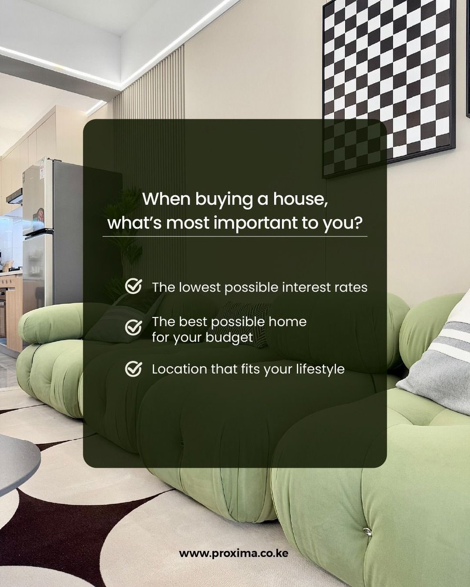 PROXIMA REAL ESTATE (@proximake) on Twitter photo House hunting? Let’s talk priorities🏡
What matters most to you when buying a home?
Contact us for further details:
📞0752 444 999
📞0788 444 999
✉️info@proxima.co.ke
#invest #realestate #photooftheday #buy House hunting? Let’s talk priorities🏡
What matters most to you when buying a home?
Contact us for further details:
📞0752 444 999
📞0788 444 999
✉️info@proxima.co.ke
#invest #realestate #photooftheday #buy