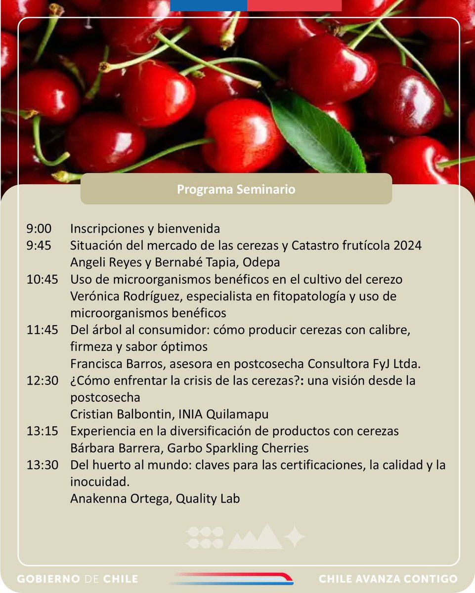 🍒 <a href="/MinagriMaule/">Minagri Maule</a> invita al seminario Cerezas en el Maule: desafíos comerciales y productivos para el nuevo escenario organizado con el apoyo de <a href="/CorfoMaule/">Corfo Maule</a> y el GEF Restauración de paisajes 
📅 9 de julio  🕘 9:00 horas
📍Corporación Cultural #Curicó
👇
forms.gle/uKp5erDn96ayPT…