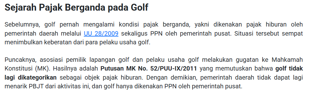 tinggalgoceng's tweet image. golf ga kena krn yang main bukan masyarakat biasa

gak sih. golf sebenernya kena PPN karena tergolong jasa komersil, bukan hiburan. TAPIII, tadinya golf kena pajak dobel: PPN dan pajak hiburan, sampe orkay2 itu gugat tahun 2009 dan menang.

lagi, krn yang maen bukan orang biasa