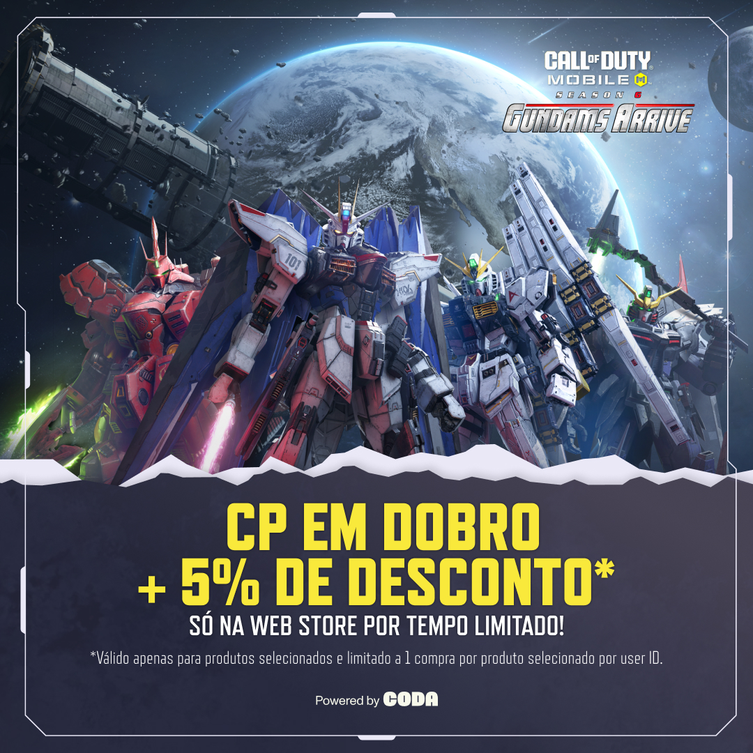 OS GUNDAMS CHEGARAM AO CALL OF DUTY: MOBILE!
Entre no universo mecha na Temporada 06 - Chegada dos Gundams!

Compre CP pelo melhor valor agora: coda.shop/codm2xcp25 

➡️ Skins e armas temáticas
➡️ Modo Gundam 4v4
➡️ Recompensas grátis no evento in-game

#CODMobile #Gundam