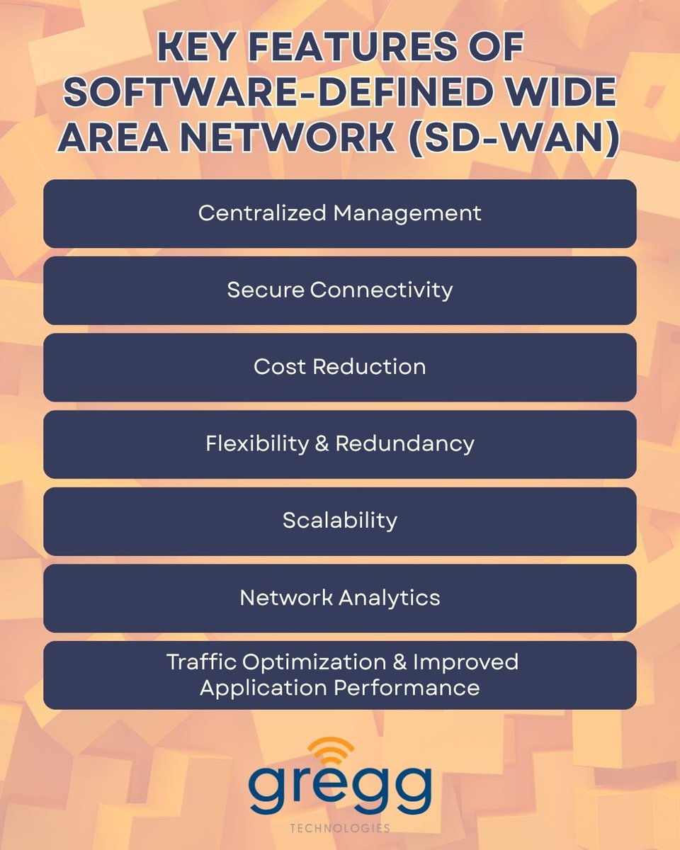 GreggTech's tweet image. Do you know the key features of a Software-Defined Wide Area Network (SD-WAN)?

☑️ Centralized Management - Simplified network configuration, monitoring, and troubleshooting from a single platform, reducing reliance on manual configuration and on-site IT staff.

☑️ Secure…