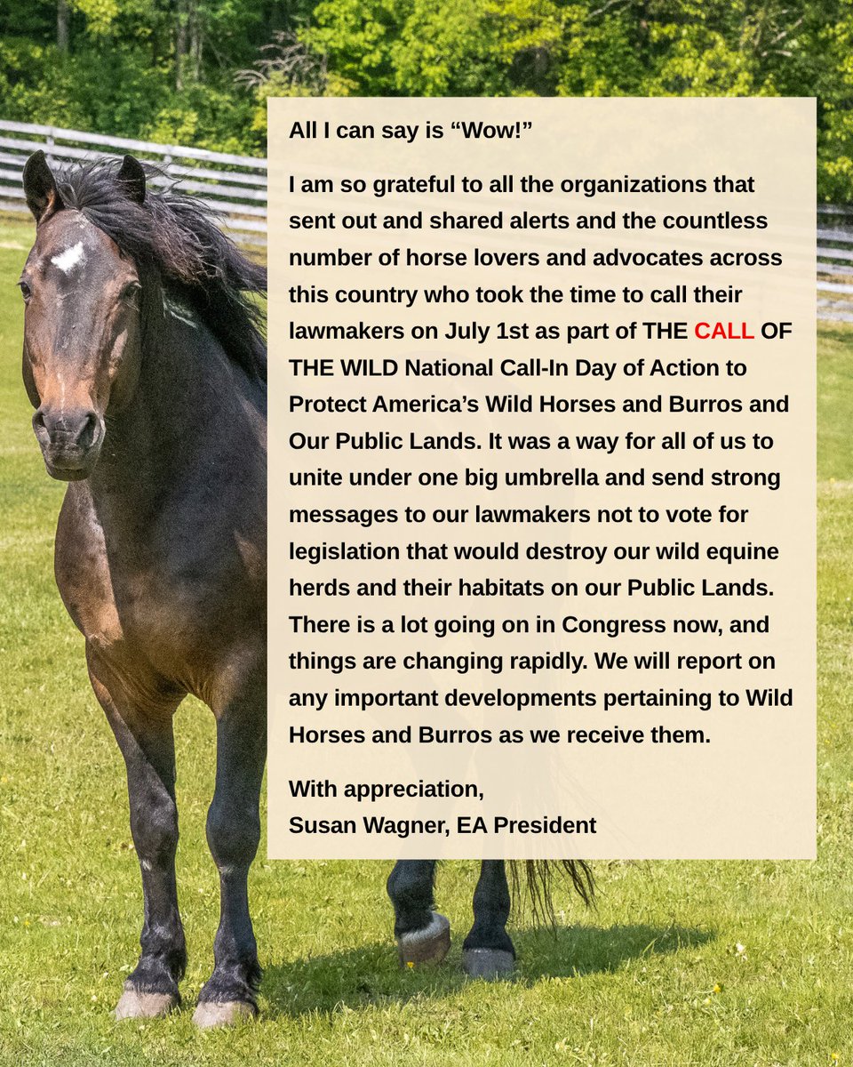 A thank you message from EA President Susan Wagner about The Call of the Wild National Call-In Day of Action 🐎