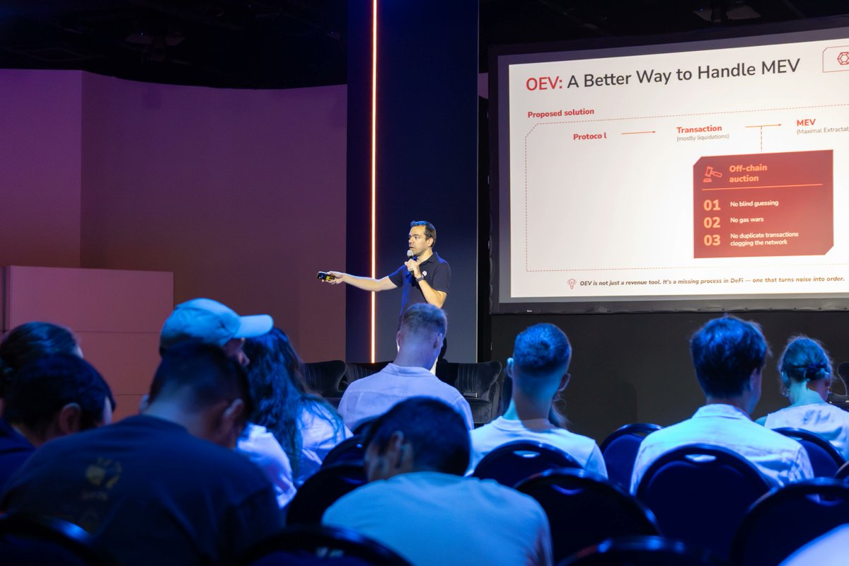 Alpha Leak from <a href="/EthCC/">EthCC - Ethereum Community Conference</a> 👇

At L2con, <a href="/mkmassari/">Mike Massari @ ETHcc</a> revealed the driving force behind our OEV solution: Application-Specific Sequencing, custom-built for liquidations.

This isn't a theory. It's a production-ready system, routing value back to protocols.

And it will run red 🔴
