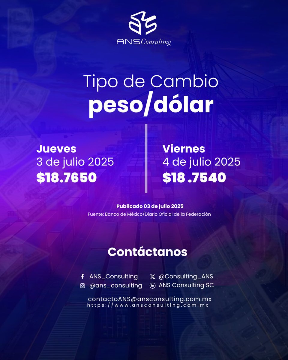 🌤️ Cada día es una nueva oportunidad para decidir con inteligencia.

Consulta el tipo de cambio de hoy y fortalece tus movimientos. 📈
#TipoDeCambio #DólarHoy #ANSConsulting #ComercioExterior #Dolar
