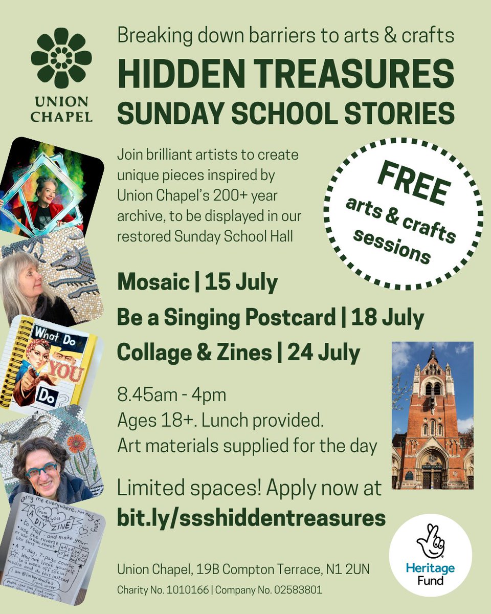 FREE arts workshops this month ✏️🎭✂️ Join artists to create pieces inspired by Union Chapel's 200+ heritage.
Hidden Treasures | #SundaySchoolStories

15 July - Mosaic
18 July - Be a Singing Postcard
24 July - Collage &amp; Zines

Find out more &amp; apply now at bit.ly/ssshiddentreas…