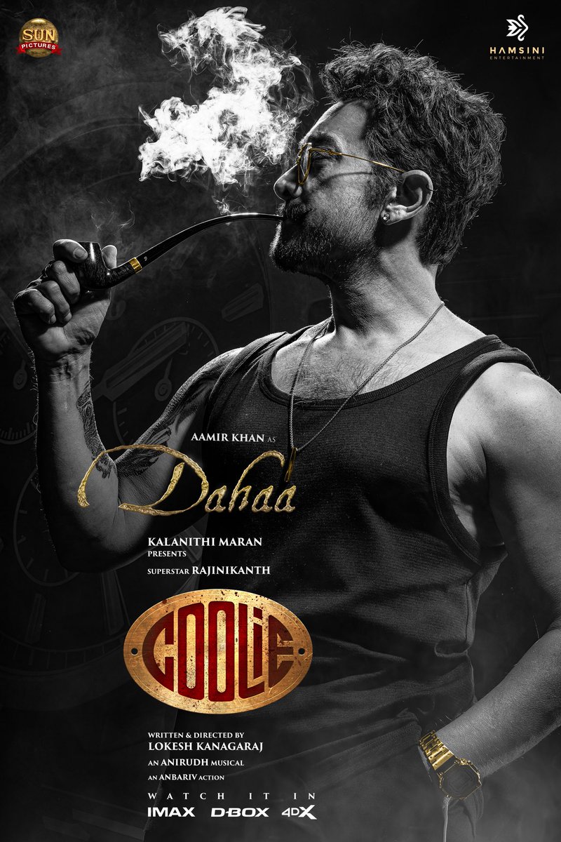 Hamsini Entertainment (@hamsinient) on Twitter photo The most awaited update from the WORLD OF #Coolie - #AamirKhan as Dahaa 😎⚡
#CoolieFromAug14 - Experience it in IMAX, D-BOX & 4DX 🔥
<a href="/rajinikanth/">Rajinikanth</a> <a href="/Dir_Lokesh/">Lokesh Kanagaraj</a> <a href="/anirudhofficial/">Anirudh Ravichander</a> <a href="/sunpictures/">Sun Pictures</a> <a href="/iamnagarjuna/">Nagarjuna Akkineni</a> <a href="/nimmaupendra/">Upendra</a> #SathyaRaj #SoubinShahir <a href="/shrutihaasan/">shruti haasan</a> #CoolieThePowerHouse The most awaited update from the WORLD OF #Coolie - #AamirKhan as Dahaa 😎⚡
#CoolieFromAug14 - Experience it in IMAX, D-BOX & 4DX 🔥
<a href="/rajinikanth/">Rajinikanth</a> <a href="/Dir_Lokesh/">Lokesh Kanagaraj</a> <a href="/anirudhofficial/">Anirudh Ravichander</a> <a href="/sunpictures/">Sun Pictures</a> <a href="/iamnagarjuna/">Nagarjuna Akkineni</a> <a href="/nimmaupendra/">Upendra</a> #SathyaRaj #SoubinShahir <a href="/shrutihaasan/">shruti haasan</a> #CoolieThePowerHouse