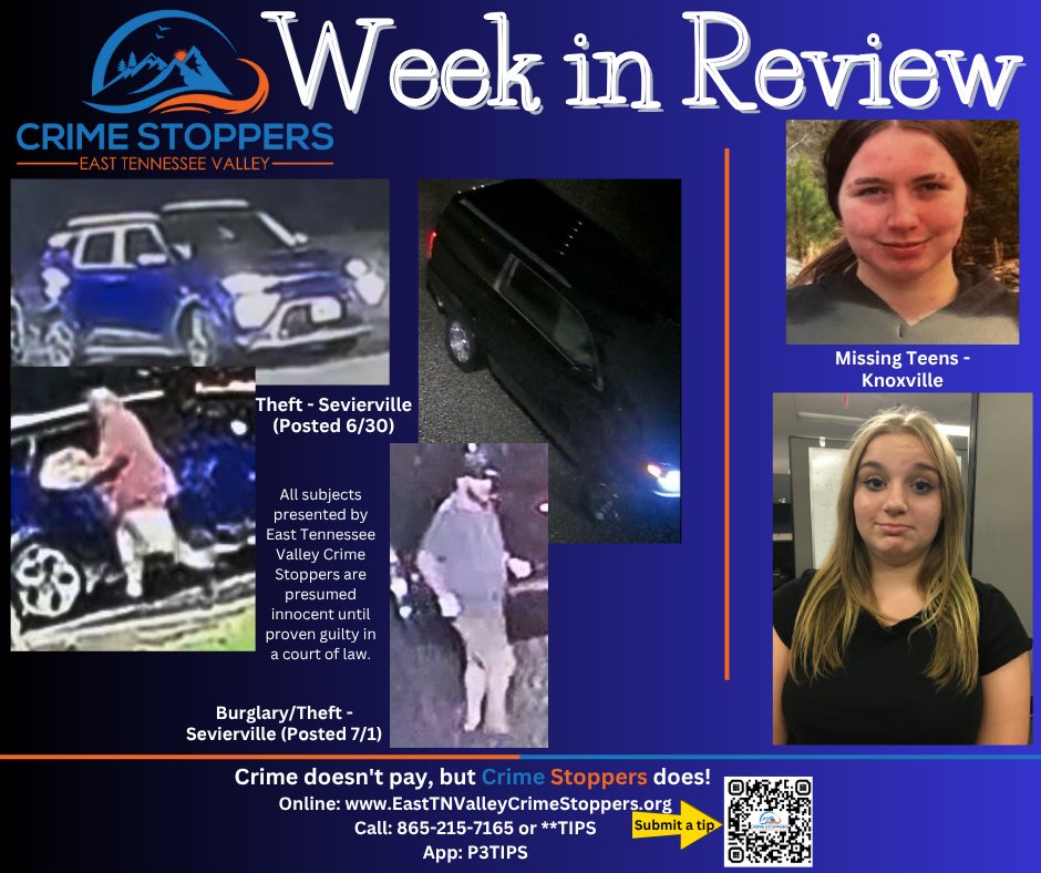 We still need your help!🕵️‍♂️Can you ID 2 people tied to theft cases being worked by <a href="/SeviervillePD/">Sevierville, TN P.D.</a> or help find 2 missing Knoxville teens?
Stay anonymous. Contact East TN Valley Crime Stoppers. 💬💰 Your info could earn a cash reward.
📲 And don’t forget to share! 
<a href="/Knoxville_PD/">Knoxville Police TN</a>