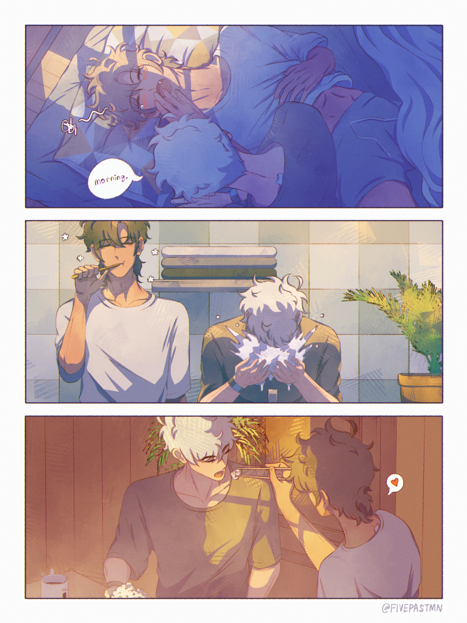 A three-panel art of Cheng Xiaoshi and Lu Guang, doing their morning routine. The first panel shows Cheng Xiaoshi yawning in bed, shirt riding up while Lu Guang is sitting beside him, greeting a simple “morning.” The second panel is them in the bathroom, Cheng Xiaoshi brushing his teeth, eyes still closed while Lu Guang is washing his face. The third panel is them having breakfast, Cheng Xiaoshi feeding Lu Guang a dumpling.
