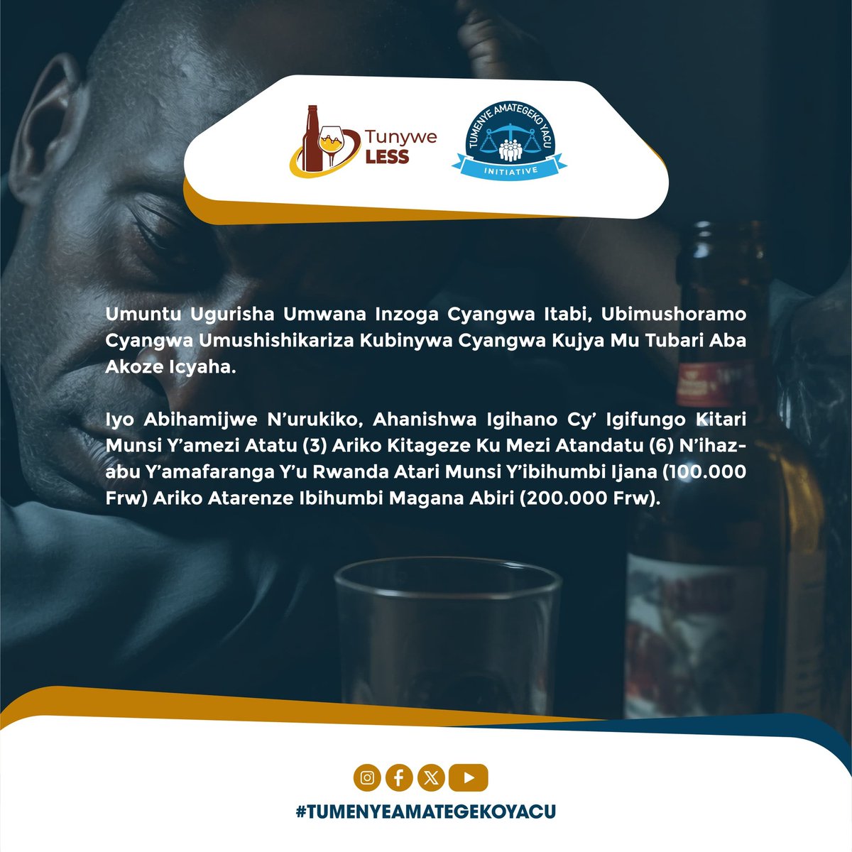 TUYISHIME MIRIMO Christian (@christe24947662) on Twitter photo Ese wari uziko itegeko nΒ°71/2018 ryo ku wa 31/08/2018 ryerekeye kurengera umwana mu ngingo ya 27 iteganya ibihano ku muntu wese uha umwana inzoga cyangwa itabi cyangwa kubimugurisha!
<a href="/nsanzimanasabin/">Dr Sabin Nsanzimana</a> <a href="/CNkulikiyinka/">C. Nkulikiyinka</a> <a href="/jnabdallah/">UTUMATWISHIMA</a> <a href="/SadateMunyakazi/">Munyakazi Sadate</a>
#TunyweLess
#GerayoAmahoro Ese wari uziko itegeko nΒ°71/2018 ryo ku wa 31/08/2018 ryerekeye kurengera umwana mu ngingo ya 27 iteganya ibihano ku muntu wese uha umwana inzoga cyangwa itabi cyangwa kubimugurisha!
<a href="/nsanzimanasabin/">Dr Sabin Nsanzimana</a> <a href="/CNkulikiyinka/">C. Nkulikiyinka</a> <a href="/jnabdallah/">UTUMATWISHIMA</a> <a href="/SadateMunyakazi/">Munyakazi Sadate</a>
#TunyweLess
#GerayoAmahoro