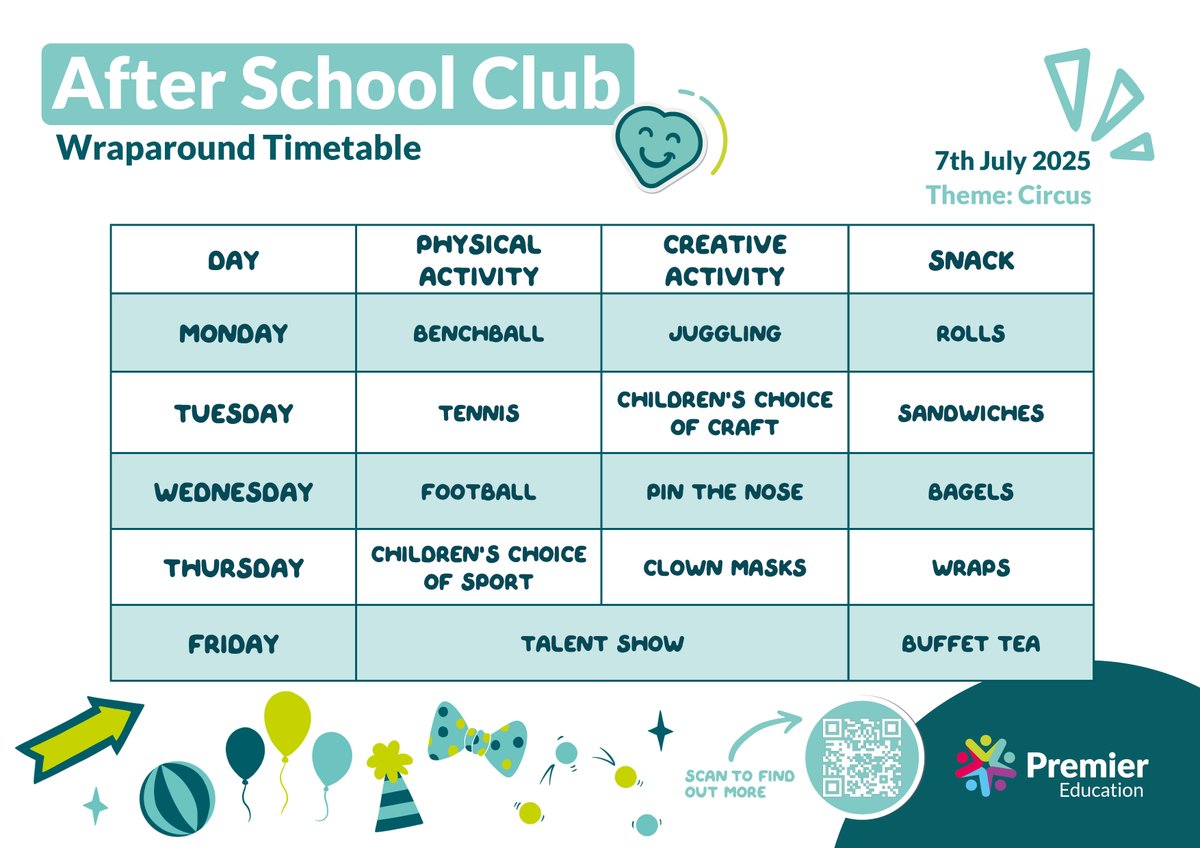 Next week's Wraparound Club timetable is here!

The theme is...Circus 🎪🎈

Book now: hubs.ly/Q03vMr_B0

#PremierEducation #AfterSchoolClub #BreakfastClub #ChildcareProvider #Childcare