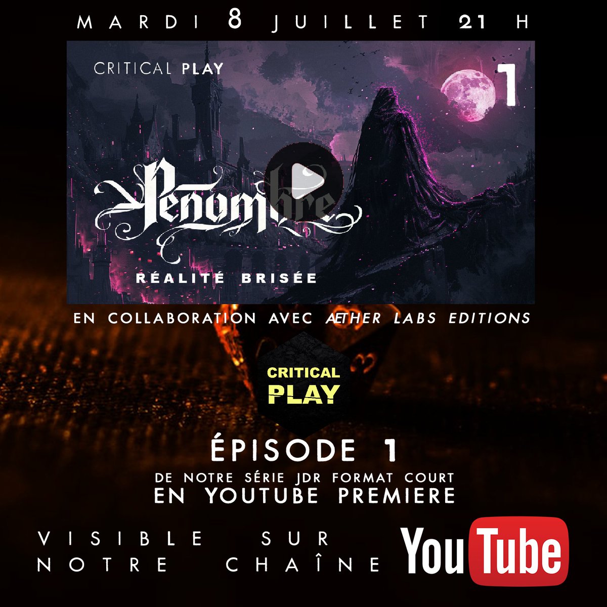 criticalplayjdr's tweet image. ⏰ NEWS ! Collab w. Æther Labs, pr la sortie du kit de démarrage de PENOMBRE (10 juillet), ns diffuserons le 1er épisode de notre série #jdr ds l'univers de M. Gaborit. En YT PREMIERE.  Suivez en direct l'ép. avec la team sur le tchat. 😍
A vos agendas 👇
youtu.be/iNI-o4B55S0