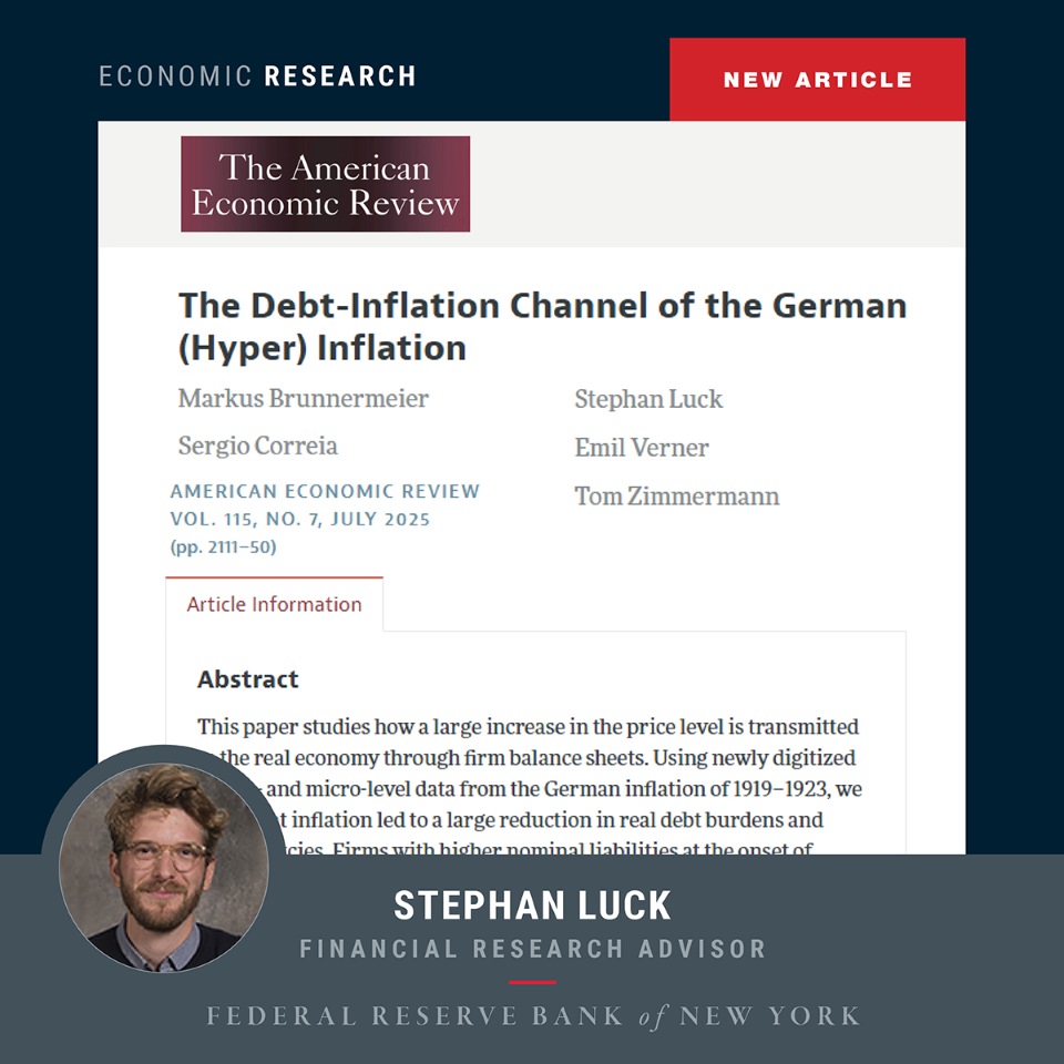 New York Fed Research (@nyfedresearch) on Twitter photo NEW in the American Economic Review
Stephan Luck and coauthors use Germany’s inflation of 1919–23 as a laboratory to study how a large inflationary shock transmits to the real economy through the debt-inflation channel.
<a href="/AEAjournals/">AEA Journals</a>
aeaweb.org/articles?id=10… NEW in the American Economic Review
Stephan Luck and coauthors use Germany’s inflation of 1919–23 as a laboratory to study how a large inflationary shock transmits to the real economy through the debt-inflation channel.
<a href="/AEAjournals/">AEA Journals</a>
aeaweb.org/articles?id=10…