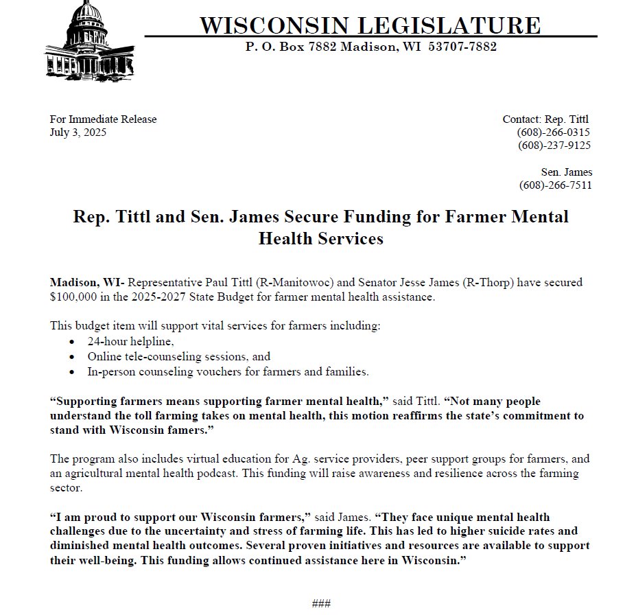 Rep. Paul Tittl (@reptittl) on Twitter photo Rep. Tittl and Sen. James Secure Funding for Farmer Mental Health Services Rep. Tittl and Sen. James Secure Funding for Farmer Mental Health Services