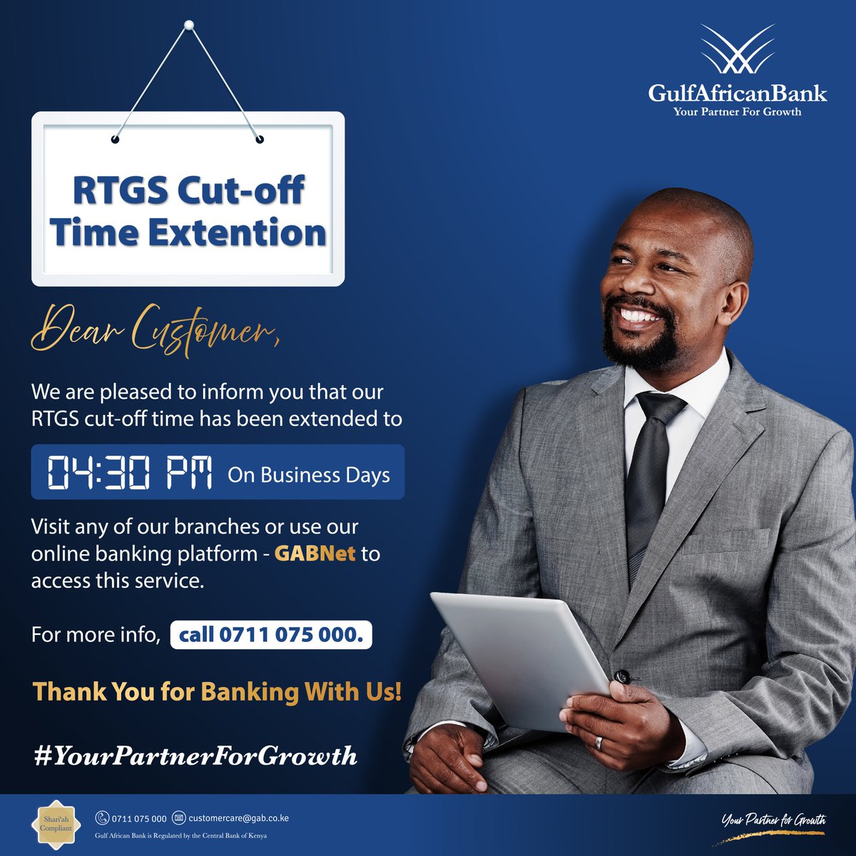 We are pleased to inform you that our RTGS cut-off time has been extended to 4:30 p.m. on business days. Visit any of our branches or use our online banking platform - GABNet to access this service. 0711 075 000. #YourPartnerForGrowth