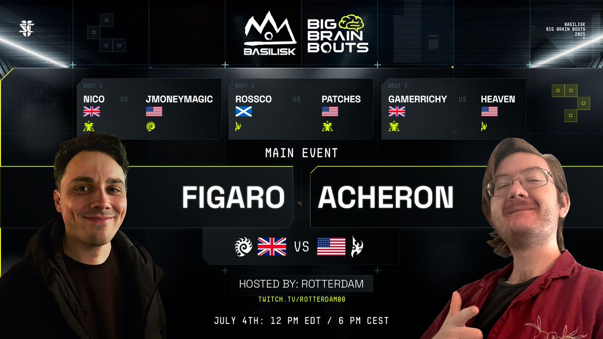 BASILISK (@basilisk_gg) on Twitter photo The BASILISK Big Brain Bouts are Back with #97!
🧠Watch Smart Sports!🧠
Nico |VS| Jmoneymagic
<a href="/teamRosscOuk/">Ross Anderson</a> |VS| <a href="/Patches_SC2/">Patches</a>
<a href="/TheGamerRichy/">GamerRichy</a> |VS| <a href="/heavenstarcraft/">HeavenSC 🐒</a>
@Figaro_SC2 |VS| Acheron
Hosted by the legendary <a href="/RotterdaM08/">Kevin van der Kooi 🇺🇦</a>
Friday, July 4th, 12pm EDT / 6pm CEST The BASILISK Big Brain Bouts are Back with #97!
🧠Watch Smart Sports!🧠
Nico |VS| Jmoneymagic
<a href="/teamRosscOuk/">Ross Anderson</a> |VS| <a href="/Patches_SC2/">Patches</a>
<a href="/TheGamerRichy/">GamerRichy</a> |VS| <a href="/heavenstarcraft/">HeavenSC 🐒</a>
@Figaro_SC2 |VS| Acheron
Hosted by the legendary <a href="/RotterdaM08/">Kevin van der Kooi 🇺🇦</a>
Friday, July 4th, 12pm EDT / 6pm CEST