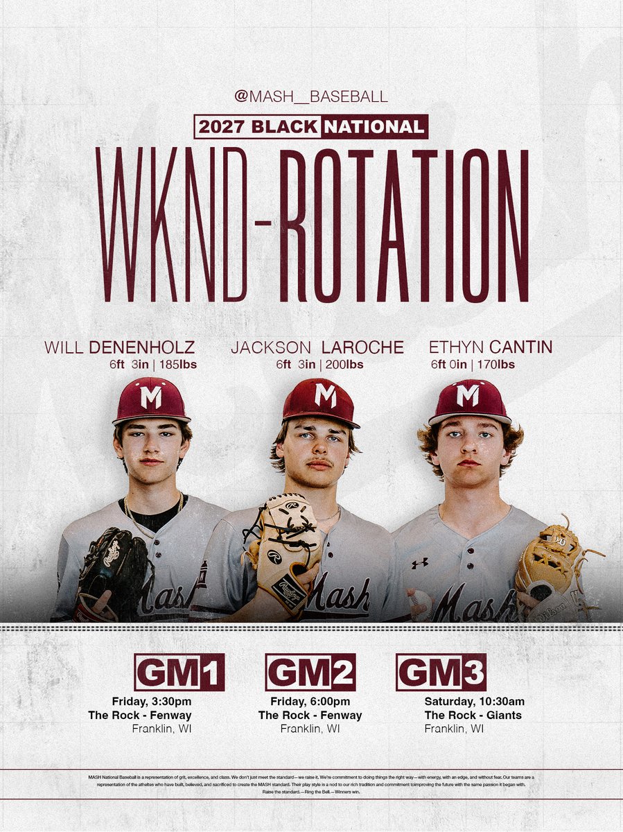 MASH Baseball (@mash__baseball) on Twitter photo 2027 Black National Weekend RO-tation ๐ฆ
๐บ๐ธ
GM1: <a href="/denenholzw/">William Denenholz</a>
GM2: <a href="/JacksonLaRoche0/">Jackson LaRoche</a>
GM3: <a href="/EthynC_21/">Ethyn Cantin</a> 2027 Black National Weekend RO-tation ๐ฆ
๐บ๐ธ
GM1: <a href="/denenholzw/">William Denenholz</a>
GM2: <a href="/JacksonLaRoche0/">Jackson LaRoche</a>
GM3: <a href="/EthynC_21/">Ethyn Cantin</a>