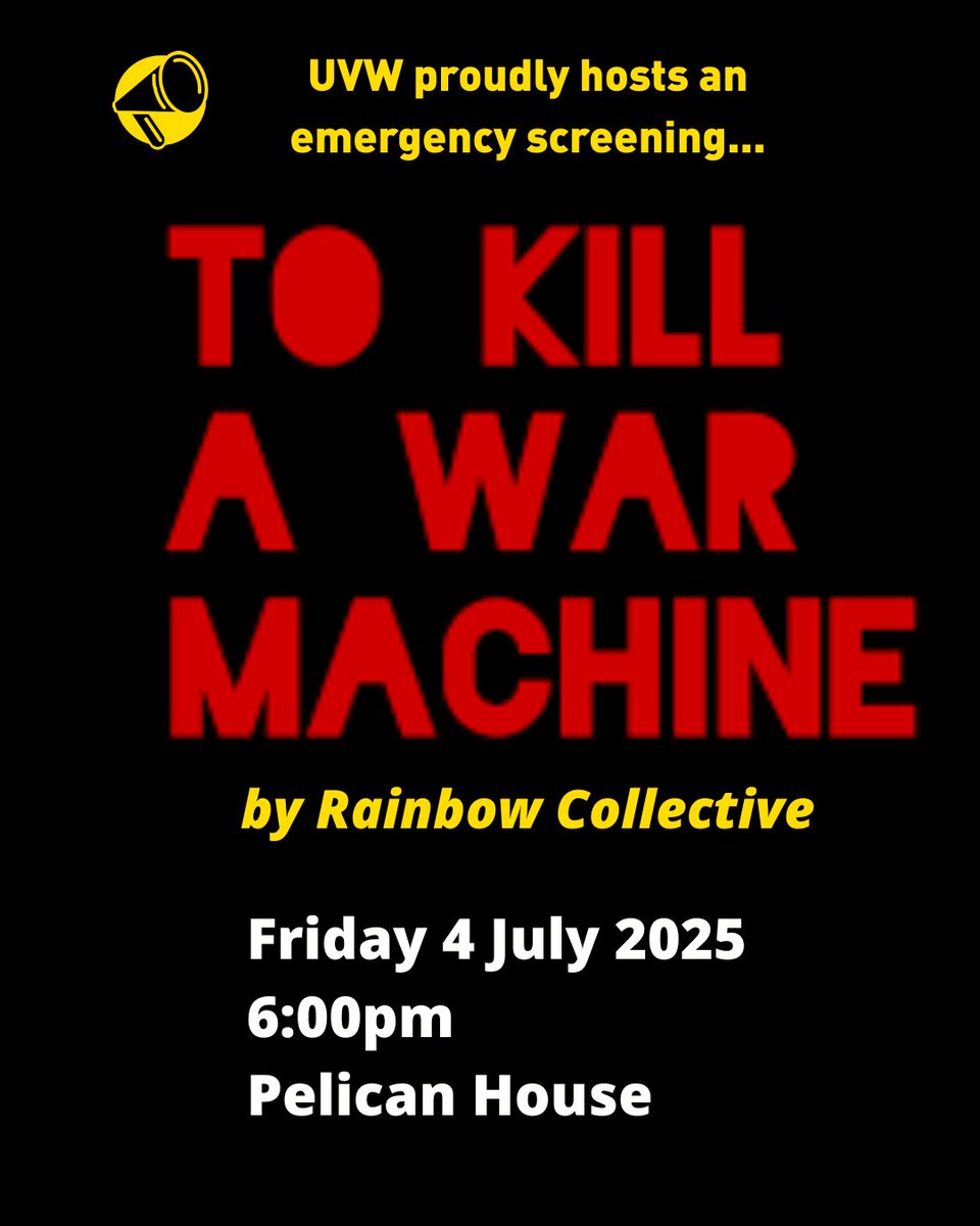 United Voices of the World (@uvwunion) on Twitter photo 🚨 EMERGENCY SCREENING: TO KILL A WAR MACHINE
by Rainbow Collective — a powerful film showing how <a href="/Pal_action/">Palestine Action</a> has resisted UK-backed arms supplies to Israel over 5 years. 🚨 EMERGENCY SCREENING: TO KILL A WAR MACHINE
by Rainbow Collective — a powerful film showing how <a href="/Pal_action/">Palestine Action</a> has resisted UK-backed arms supplies to Israel over 5 years.