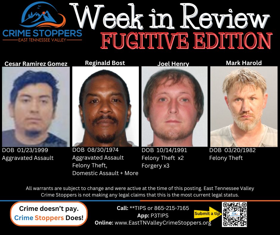 🚨 Week in Review: Fugitive Edition 🚨
<a href="/Knoxville_PD/">Knoxville Police TN</a> is still looking for these wanted individuals.

Know where they are? Stay anonymous. Submit a tip to East TN Valley Crime Stoppers. 💬💰

Your tip could earn a cash reward.
#CrimeStoppers #WANTED #easttnvalleycrimestoppers