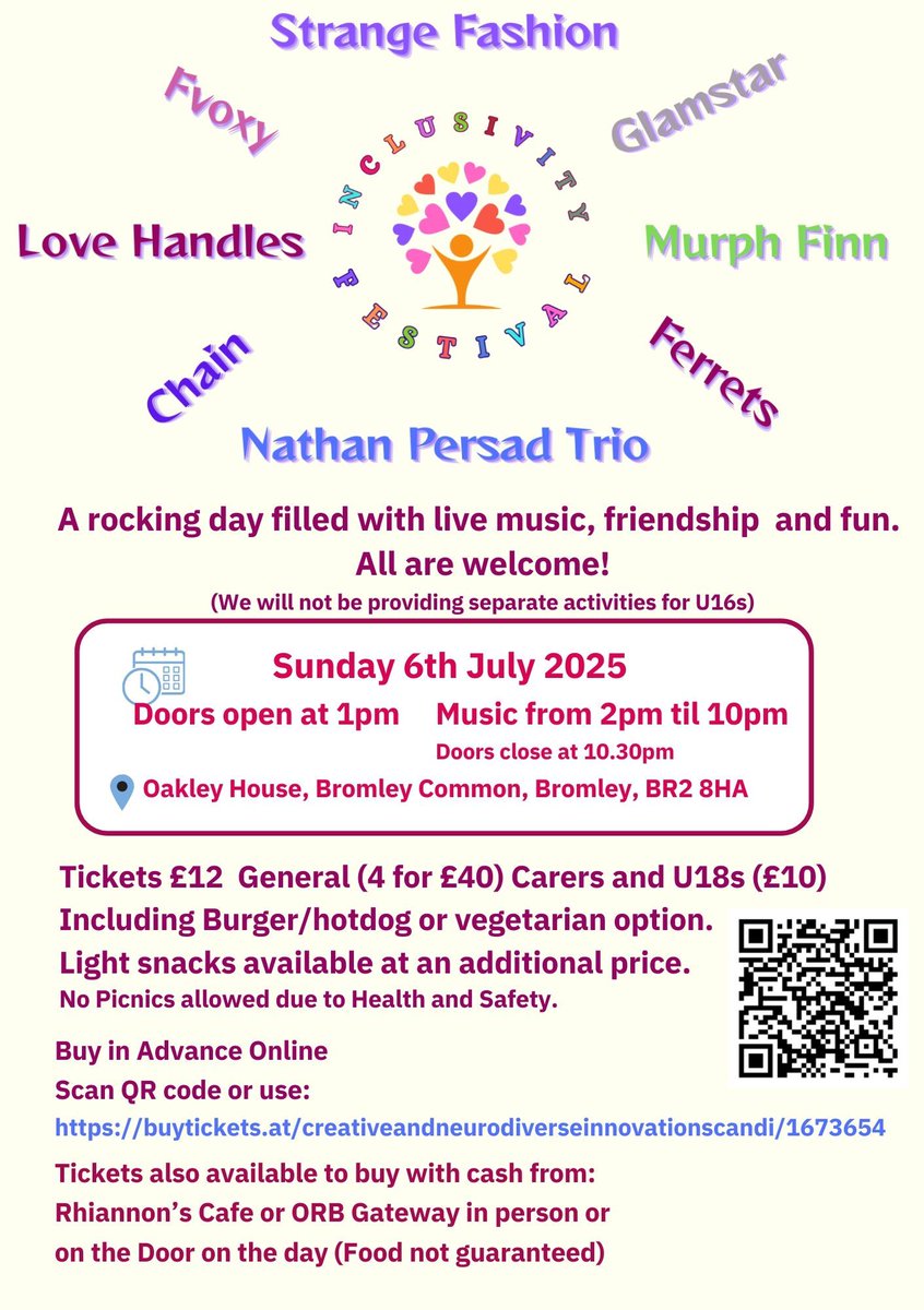 Inclusivity Festival – Sun 6 July, Bromley
Live music from Nathan Persad Trio, Strange Fashion, Murph Finn &amp; more!
Plus stalls, face painting, ice cream &amp; more.
🎟 £12/£10 – includes food
🧠 Sensory room available
🎫 buytickets.at/creativeandneu…