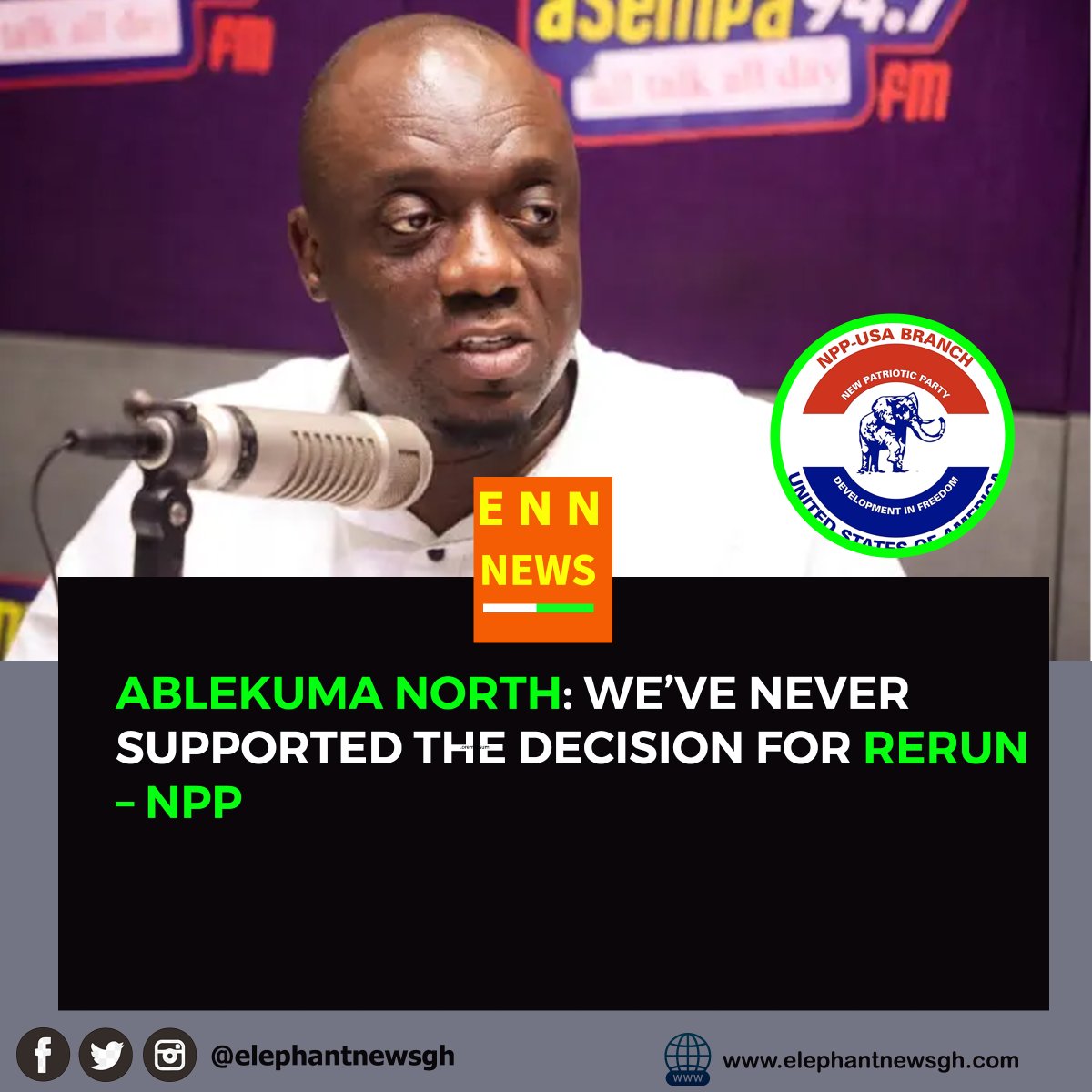 elephantnewsgh's tweet photo. NPP General Secretary Justin Kodua Frimpong says the party never agreed to a rerun in Ablekuma North.
“We vehemently opposed it,” he stressed.
EC claims of consensus “false,” as tensions rise over 19 disputed polling stations.
#ENNGH #AblekumaNorth #NPP #ElectoralCommission https://t.co/UCy9GI3uEB